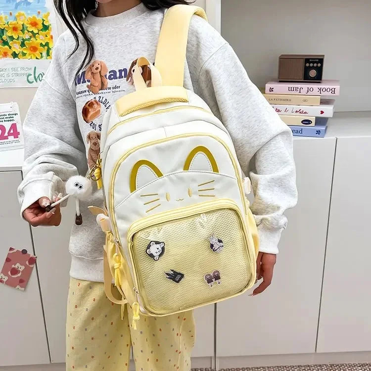 Cat Cartoon Dual-Shoulder Backpack for Girls Primary And Middle School Students Nylon Material Bookbag Easy to Carry