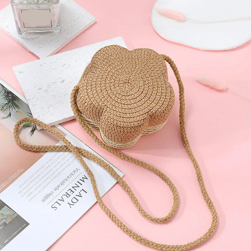 Handmade Kids Girls Shoulder Bag Flower Straw Baby Bags Messenger Bag Children Keys Coin Purse Cute Princess Mini Handbag