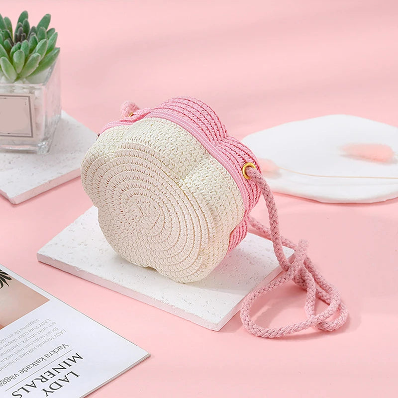 Handmade Kids Girls Shoulder Bag Flower Straw Baby Bags Messenger Bag Children Keys Coin Purse Cute Princess Mini Handbag