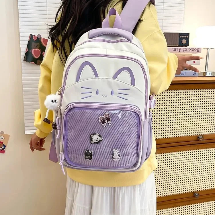 Cat Cartoon Dual-Shoulder Backpack for Girls Primary And Middle School Students Nylon Material Bookbag Easy to Carry