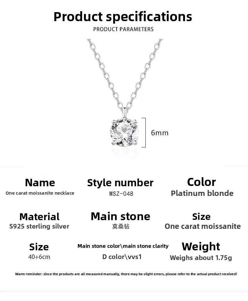 Sterling Silver S925 Clamoissanite Necklace High-end Fashion Design Simple Classic Pendant Necklace