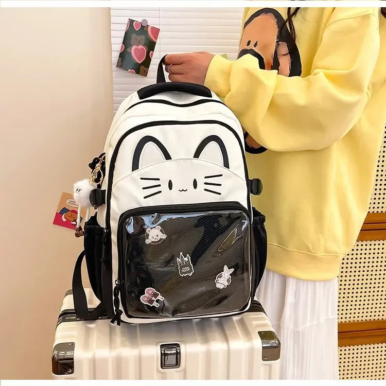 Cat Cartoon Dual-Shoulder Backpack for Girls Primary And Middle School Students Nylon Material Bookbag Easy to Carry