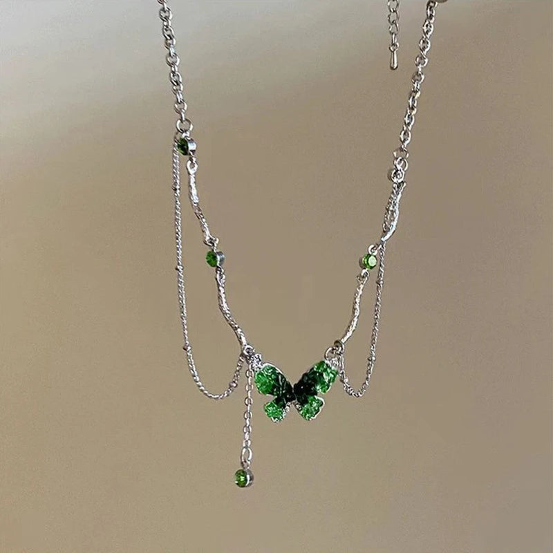 Y2K Kpop Green Zircon Butterfly Tassel Necklace for Women Korean Sweet Crystal Butterfly Metal Chain Choker Fairy Girls Jewelry