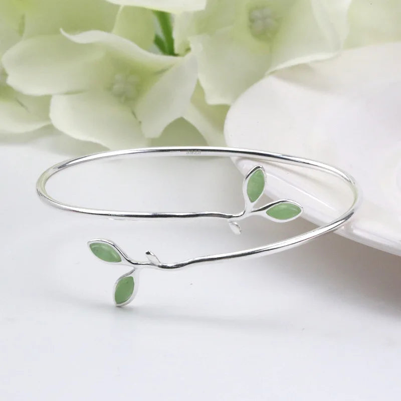 925 Sterling Silver Bracelet Bangle Simple Green Leaf Elegant Nature For Woman Girl Fashion Jewelry Gift Dropship Wholesale