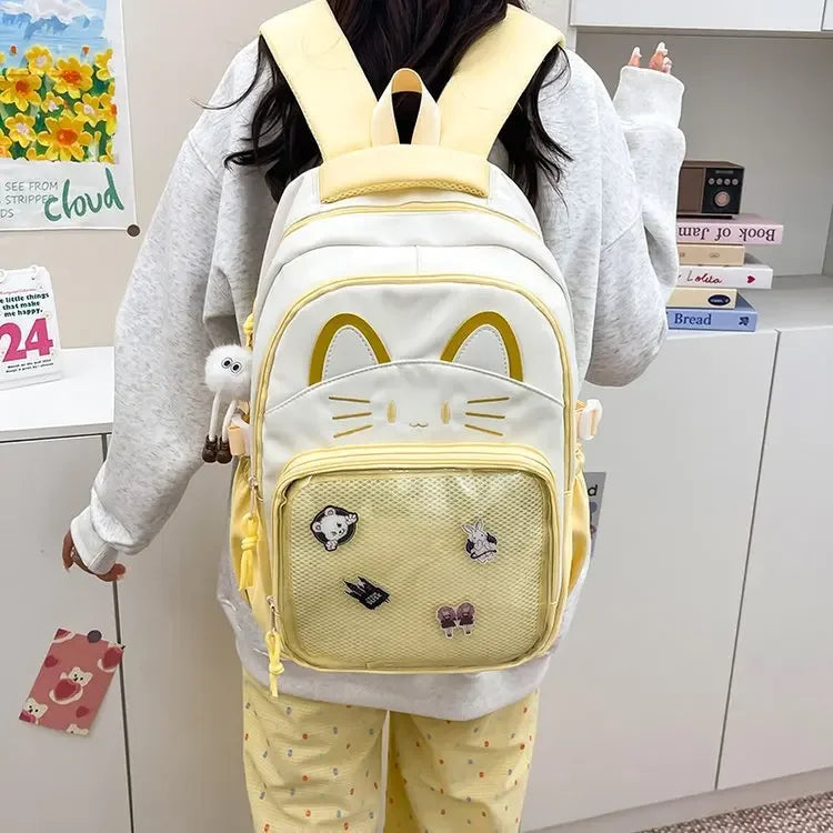 Cat Cartoon Dual-Shoulder Backpack for Girls Primary And Middle School Students Nylon Material Bookbag Easy to Carry