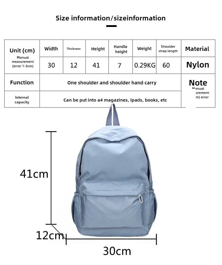 Women Schoolbag Waterproof Large Capacity School Backpack Smooth Zipper Solid Color Teens Girl Casual Daypack Bag Student Supply