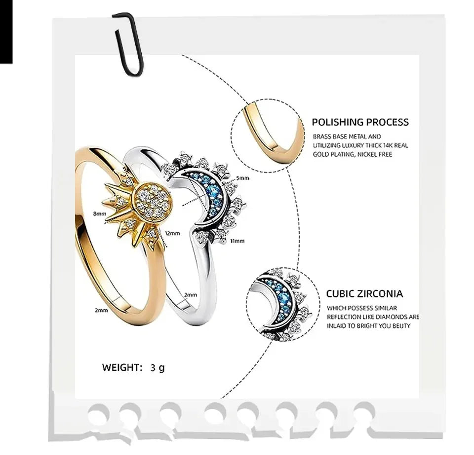 925 Silver Sun and Moon Couple Ring Set Sky Blue Sparkling Cubic Zirconia Rings Promise Fine Jewelry Gifts for Valentines Day