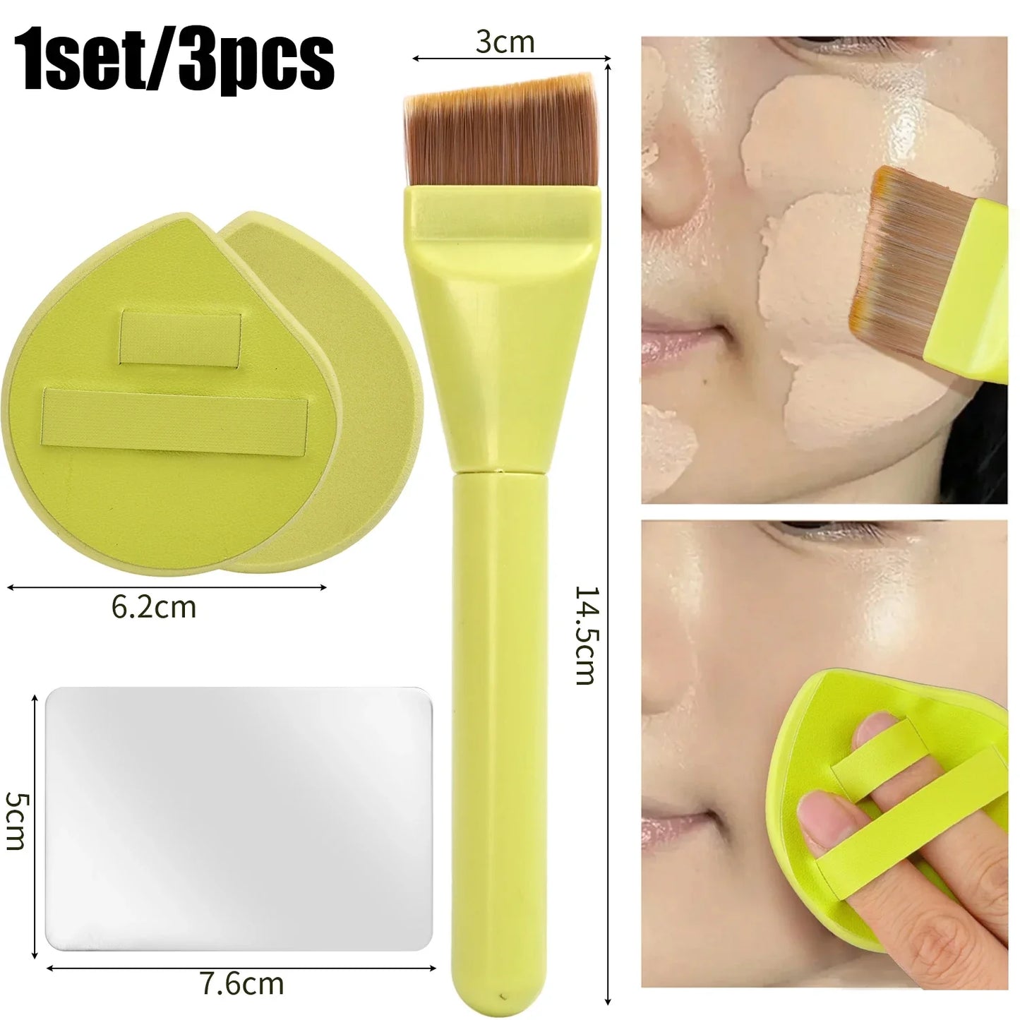 3pcs Foundation Makeup Tools Kit Concealer Brush Powder Puff and Cream Palette Portable Makeup Blending Tool for Travel Daily