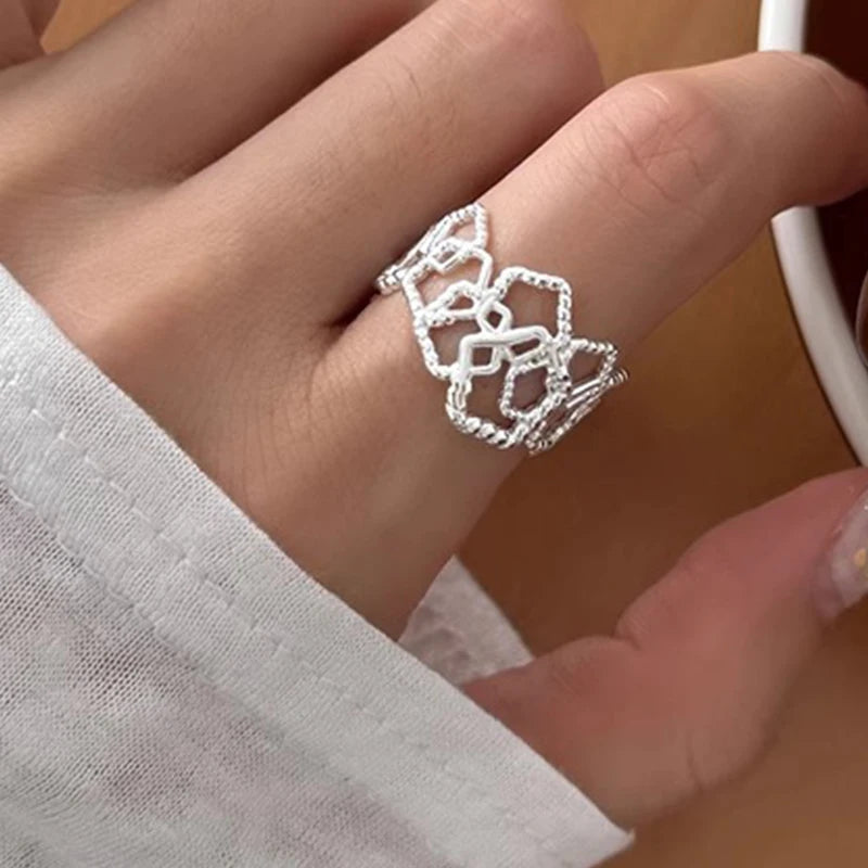 PANJBJ 925 Sterling Silver Pearl Irregular Ring for Women Shell Overlapping Hollow Sweet Design Jewelry Gift Dropshipping
