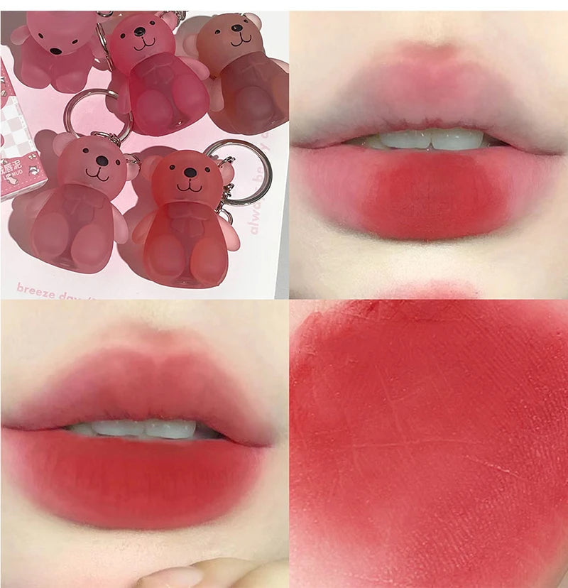 Cute Bear Keychain Velvet Mist Lip Glaze Waterproof Lasting Matte Lipstick Orange Lips Tint Women Dupes Korean Makeup Cosmetic