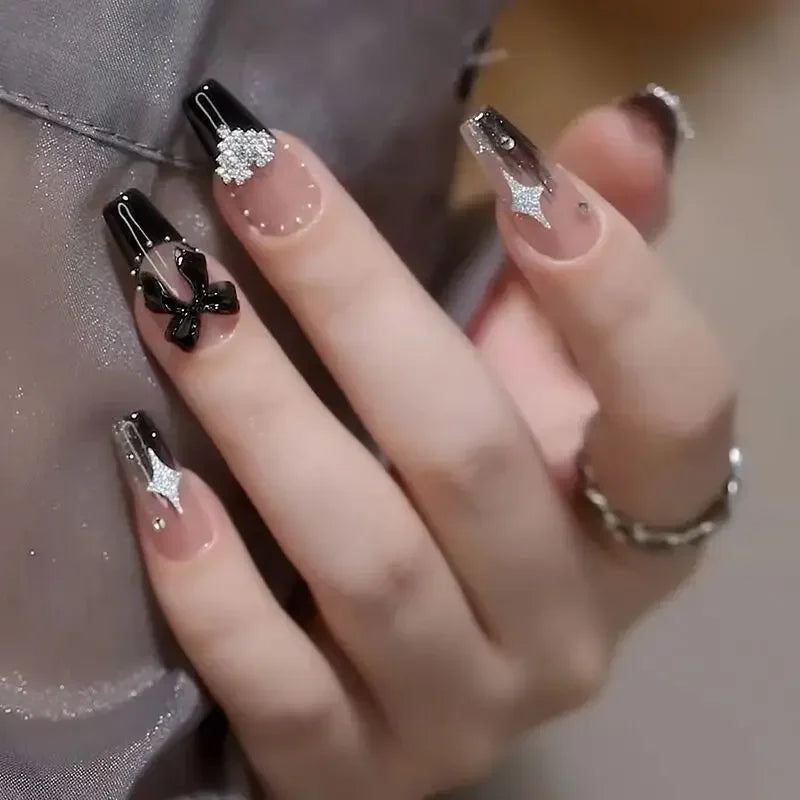 Pink Fake Nails Press on Nail Designs Art Long Tips False Forms with Glue Stick Stickers Reusable Set Acrylic Artificial