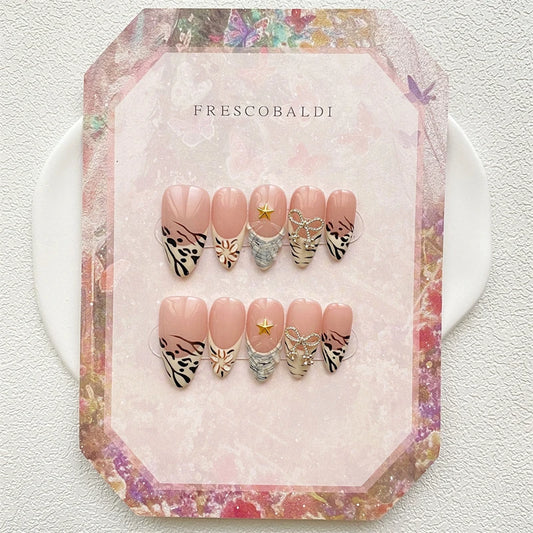 Almond Handmade False Nails Press on Reusable Adhesive Fake Nails Leopard French Manicure Wearable Artificial Finger Tips Woman