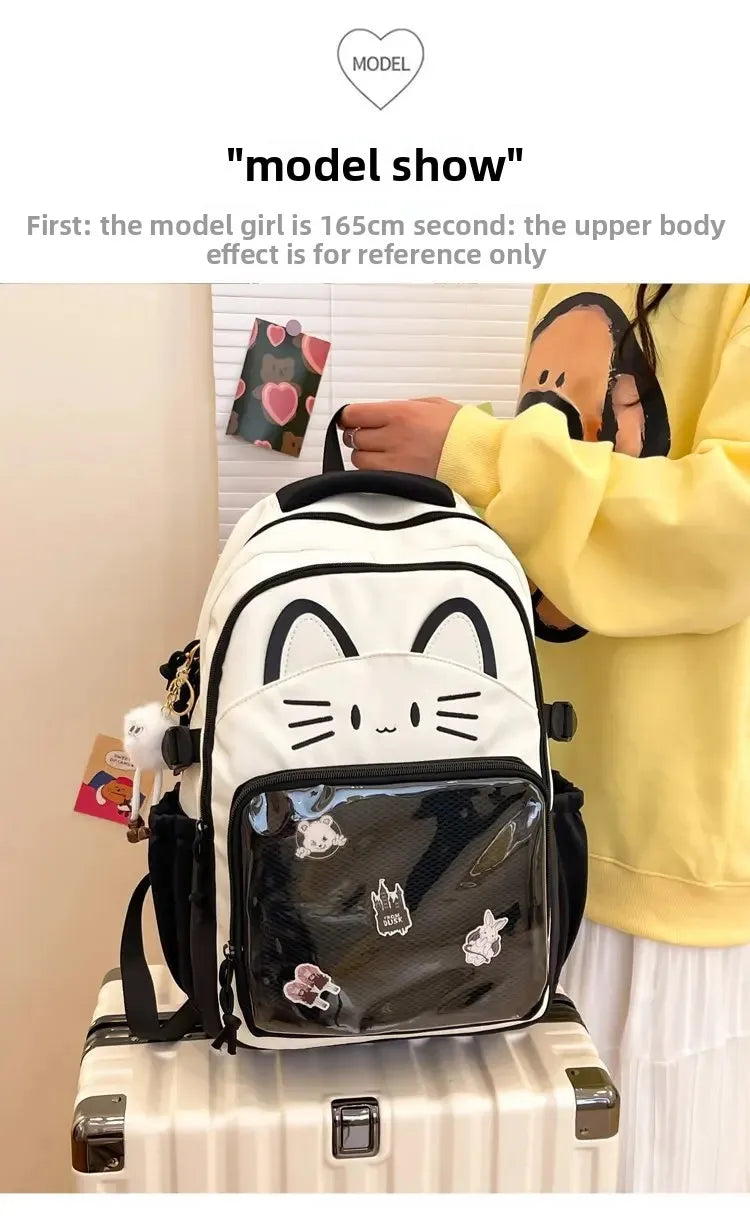 Cat Cartoon Dual-Shoulder Backpack for Girls Primary And Middle School Students Nylon Material Bookbag Easy to Carry