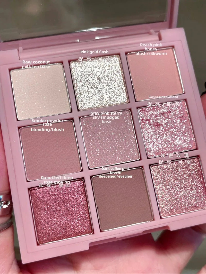 9 Color Eyeshadow Palette Rose Pink Earth Color Pearly Matte Milk Tea Glitter Eye Shadow Makeup Lasting Korean Cosmetic Set