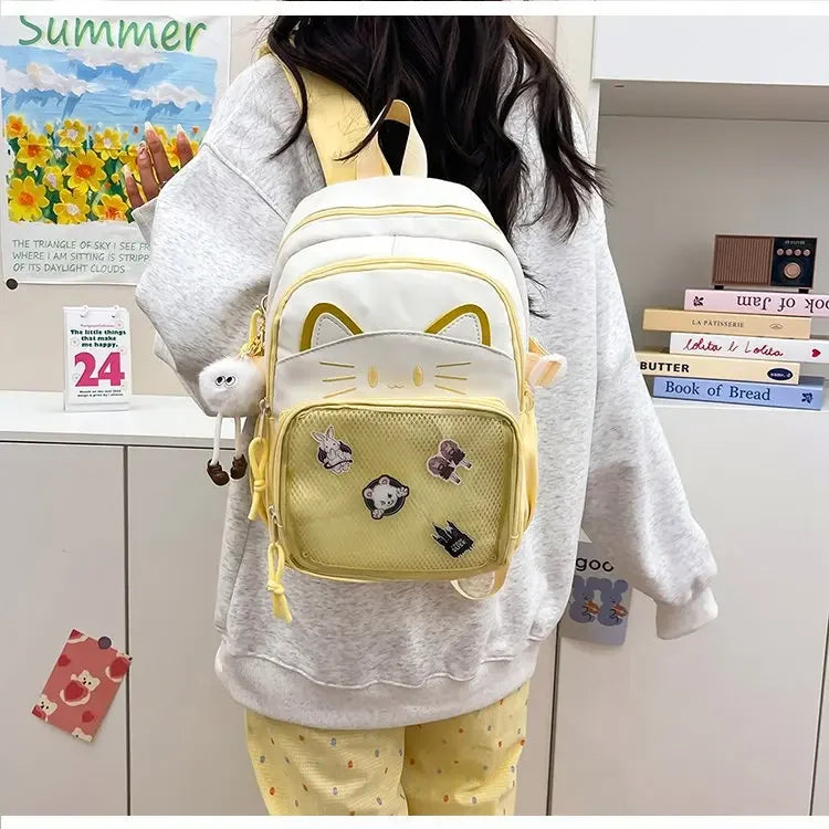 Cat Cartoon Dual-Shoulder Backpack for Girls Primary And Middle School Students Nylon Material Bookbag Easy to Carry