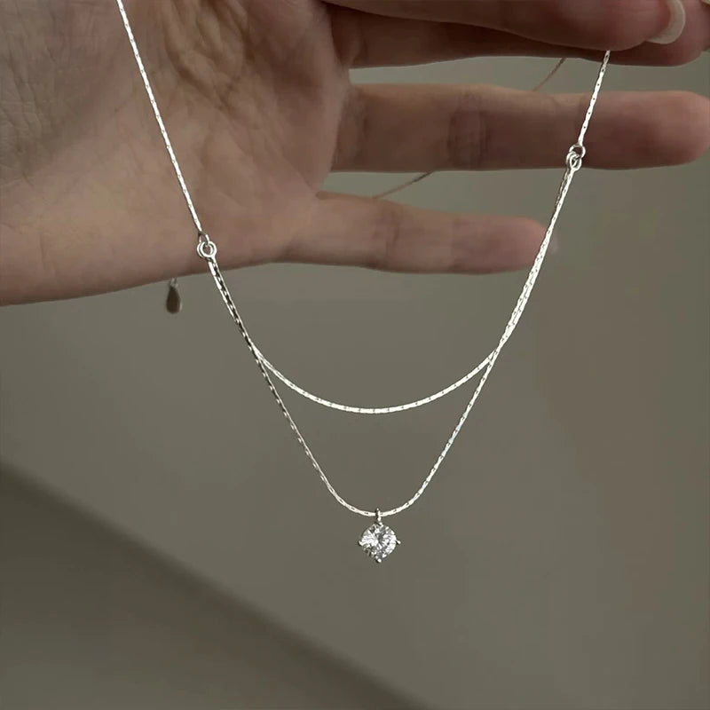 925 Sterling Silver Four Claw Zircon Pendant Necklace For Women Exquisite Double Layered Collarbone Chain Elegant Jewelry