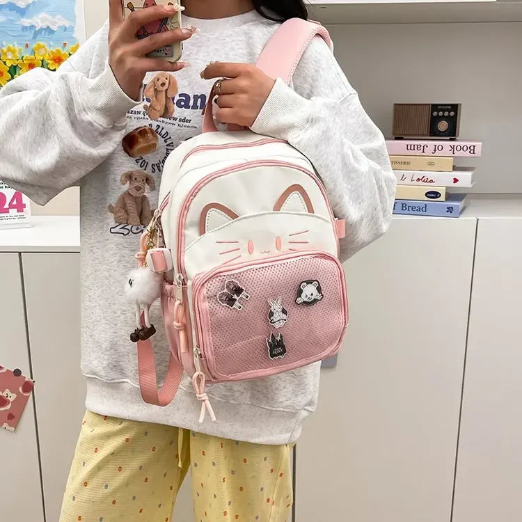 Cat Cartoon Dual-Shoulder Backpack for Girls Primary And Middle School Students Nylon Material Bookbag Easy to Carry