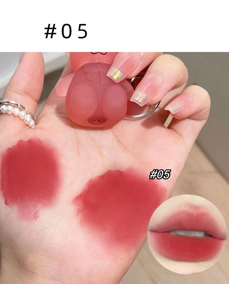 Cute Bear Keychain Velvet Mist Lip Glaze Waterproof Lasting Matte Lipstick Orange Lips Tint Women Dupes Korean Makeup Cosmetic