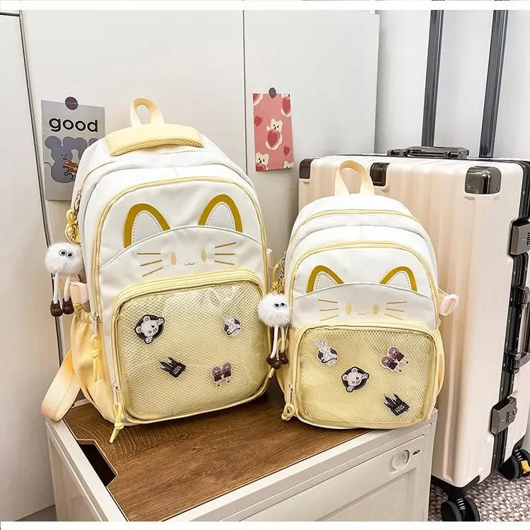Cat Cartoon Dual-Shoulder Backpack for Girls Primary And Middle School Students Nylon Material Bookbag Easy to Carry