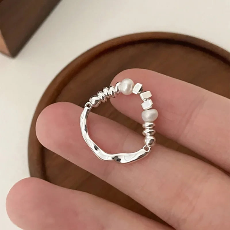 PANJBJ 925 Sterling Silver Pearl Irregular Ring for Women Shell Overlapping Hollow Sweet Design Jewelry Gift Dropshipping