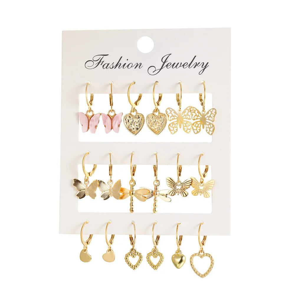 9 Pairs Gold Color Silver Color Metal Hollow Heart Butterfly Drop Earrings Set for Women Acrylic Dangle Earring Jewelry Gift