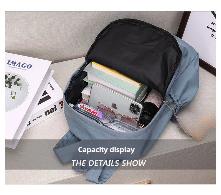 Women Schoolbag Waterproof Large Capacity School Backpack Smooth Zipper Solid Color Teens Girl Casual Daypack Bag Student Supply