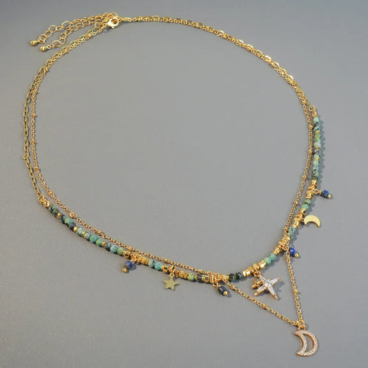 Bohemian Versatile African Turquoise Handmade Beaded Necklace Moon Pendant High-End Layering Clavicle Chain Jewelry Accessory