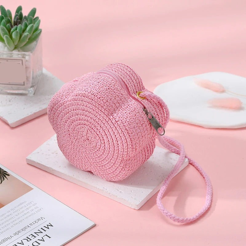 Handmade Kids Girls Shoulder Bag Flower Straw Baby Bags Messenger Bag Children Keys Coin Purse Cute Princess Mini Handbag