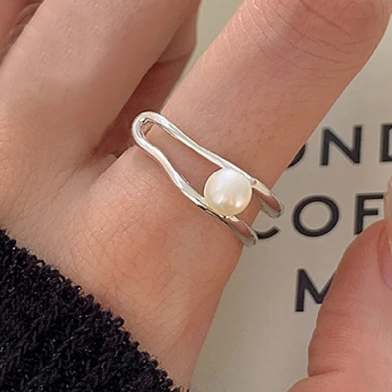 PANJBJ 925 Sterling Silver Pearl Irregular Ring for Women Shell Overlapping Hollow Sweet Design Jewelry Gift Dropshipping