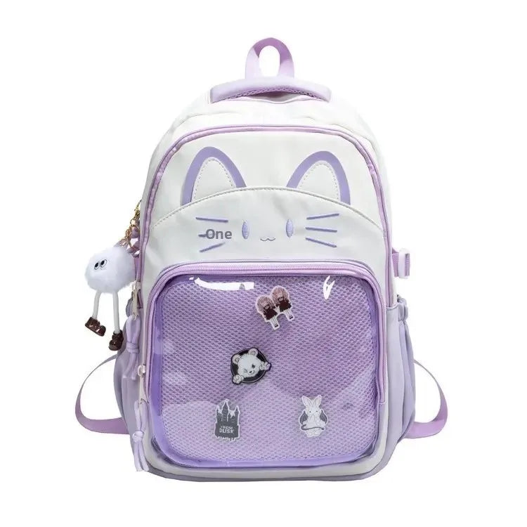 Cat Cartoon Dual-Shoulder Backpack for Girls Primary And Middle School Students Nylon Material Bookbag Easy to Carry