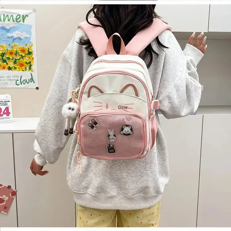 Cat Cartoon Dual-Shoulder Backpack for Girls Primary And Middle School Students Nylon Material Bookbag Easy to Carry