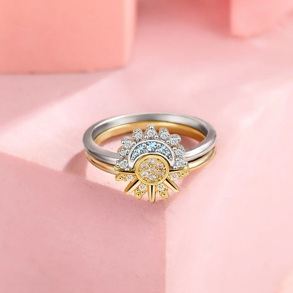 925 Silver Sun and Moon Couple Ring Set Sky Blue Sparkling Cubic Zirconia Rings Promise Fine Jewelry Gifts for Valentines Day