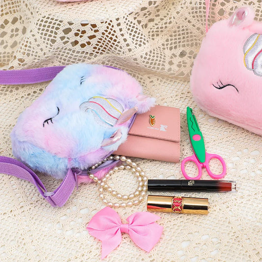 Children's Cute Unicorn Plush Crossbody Bag Cartoon Colorful Square Unicorn Shoulder Bag Girl Storage Bag