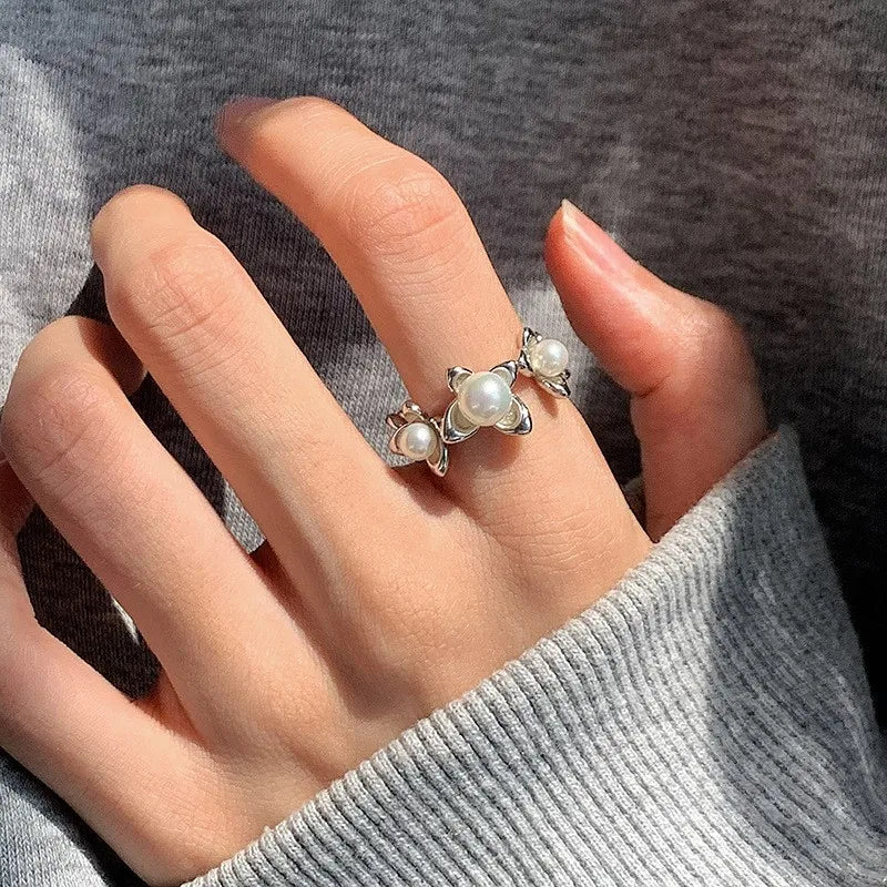 PANJBJ 925 Sterling Silver Pearl Irregular Ring for Women Shell Overlapping Hollow Sweet Design Jewelry Gift Dropshipping