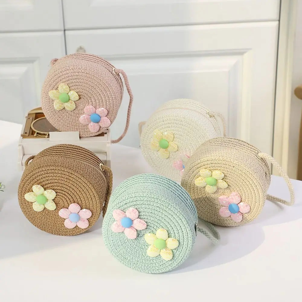 Children Straw Beach Bag Cute Heart Pattern Shoulder Bag Straw Crossbody Bag Handbag Baby Coin Purse Casual Messenger Bag