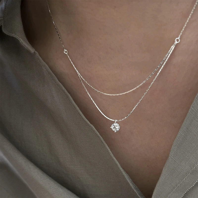 925 Sterling Silver Four Claw Zircon Pendant Necklace For Women Exquisite Double Layered Collarbone Chain Elegant Jewelry