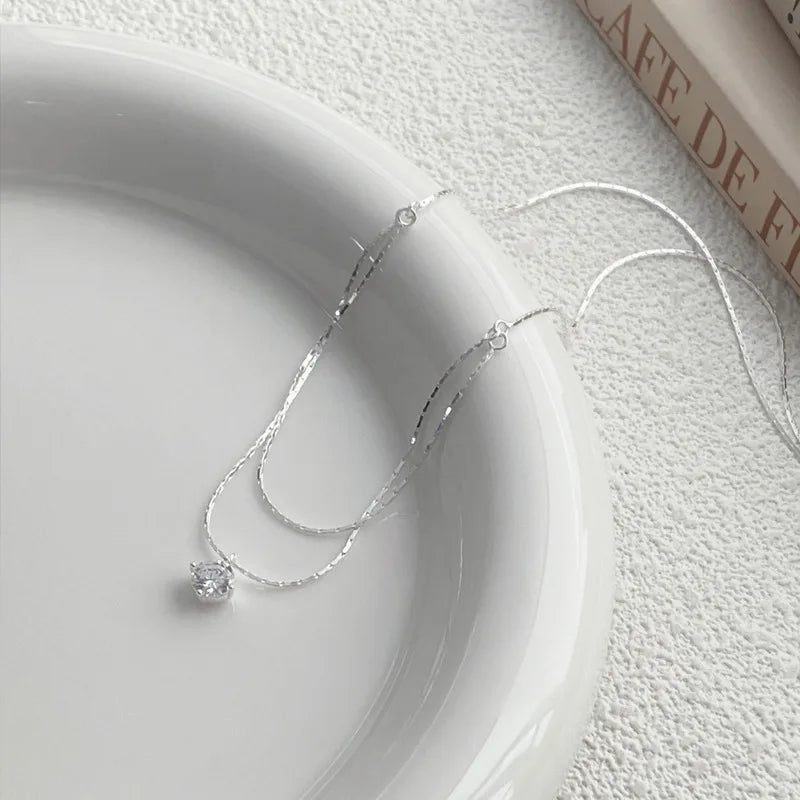 925 Sterling Silver Four Claw Zircon Pendant Necklace For Women Exquisite Double Layered Collarbone Chain Elegant Jewelry
