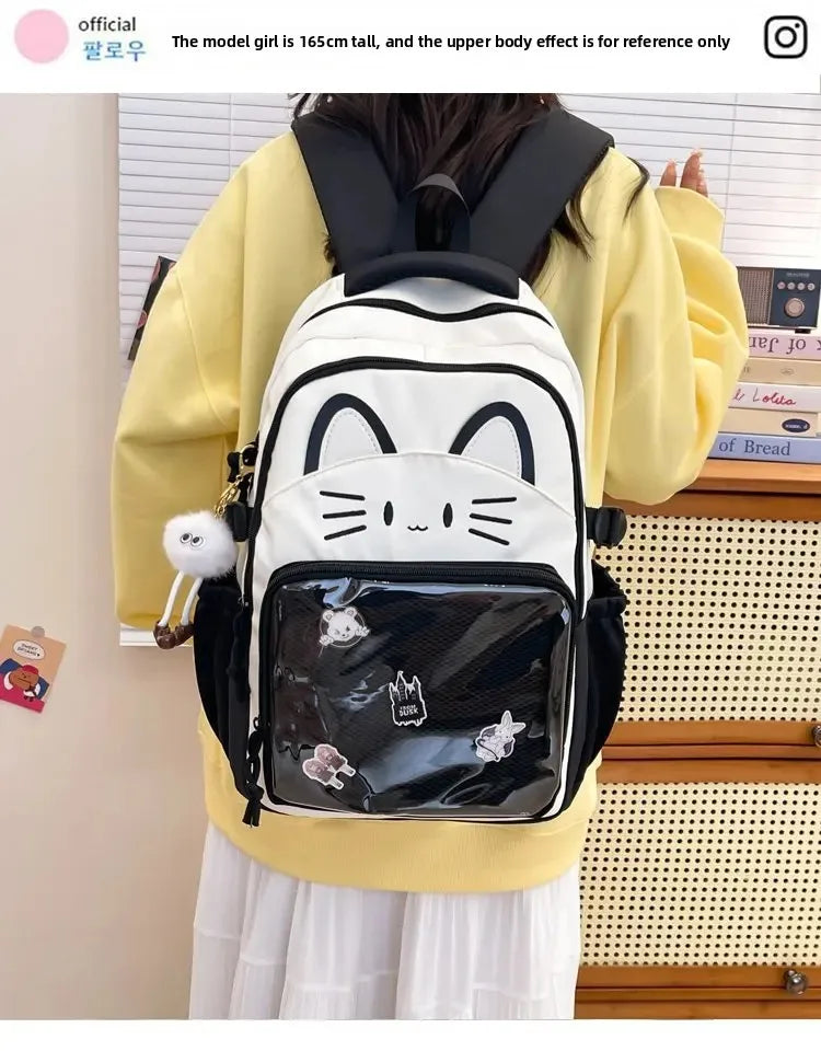 Cat Cartoon Dual-Shoulder Backpack for Girls Primary And Middle School Students Nylon Material Bookbag Easy to Carry