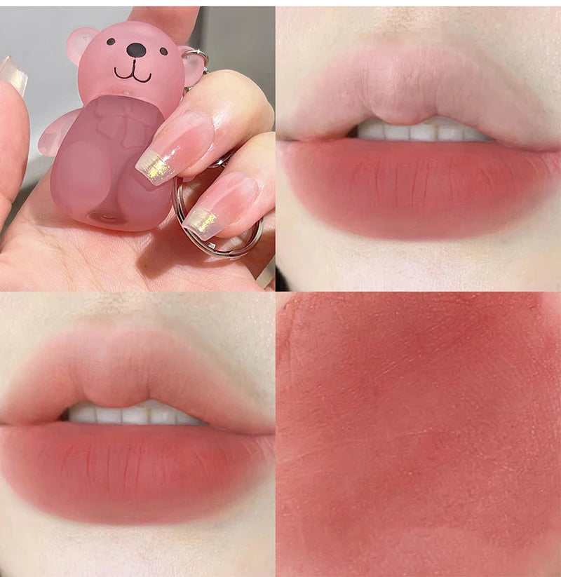 Cute Bear Keychain Velvet Mist Lip Glaze Waterproof Lasting Matte Lipstick Orange Lips Tint Women Dupes Korean Makeup Cosmetic