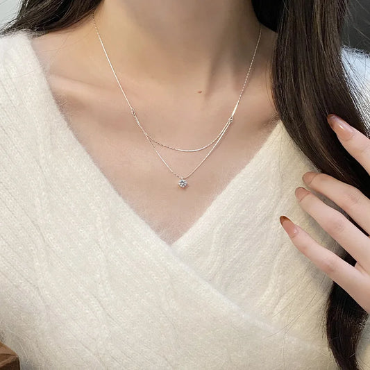 925 Sterling Silver Four Claw Zircon Pendant Necklace For Women Exquisite Double Layered Collarbone Chain Elegant Jewelry