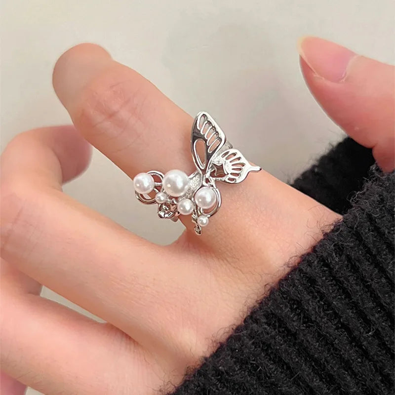 PANJBJ 925 Sterling Silver Pearl Irregular Ring for Women Shell Overlapping Hollow Sweet Design Jewelry Gift Dropshipping