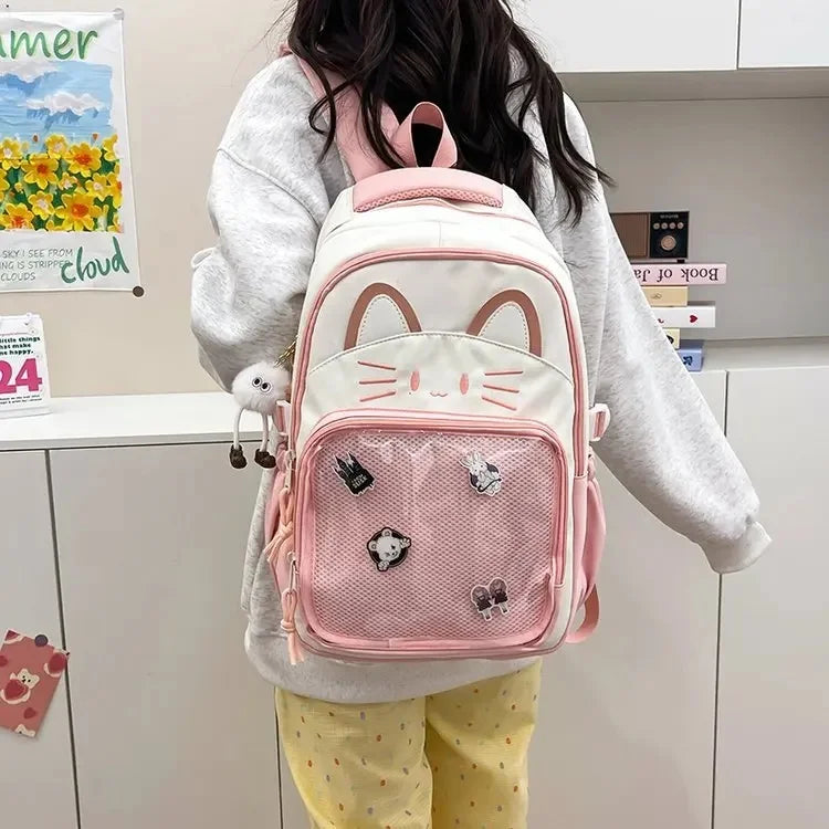 Cat Cartoon Dual-Shoulder Backpack for Girls Primary And Middle School Students Nylon Material Bookbag Easy to Carry