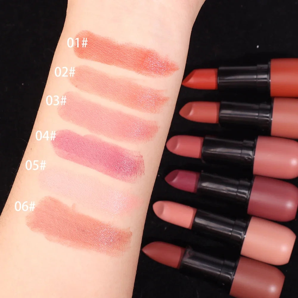 Velvet Nude Lipstick 6 Colors Matte Waterproof Moisturizing Lasting Sexy Red Lip Non-Stick Cup Makeup Lips Tint Cosmetics Beauty