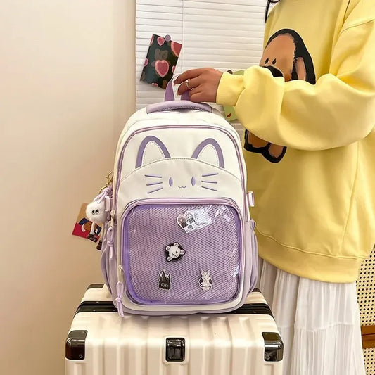 Cat Cartoon Dual-Shoulder Backpack for Girls Primary And Middle School Students Nylon Material Bookbag Easy to Carry