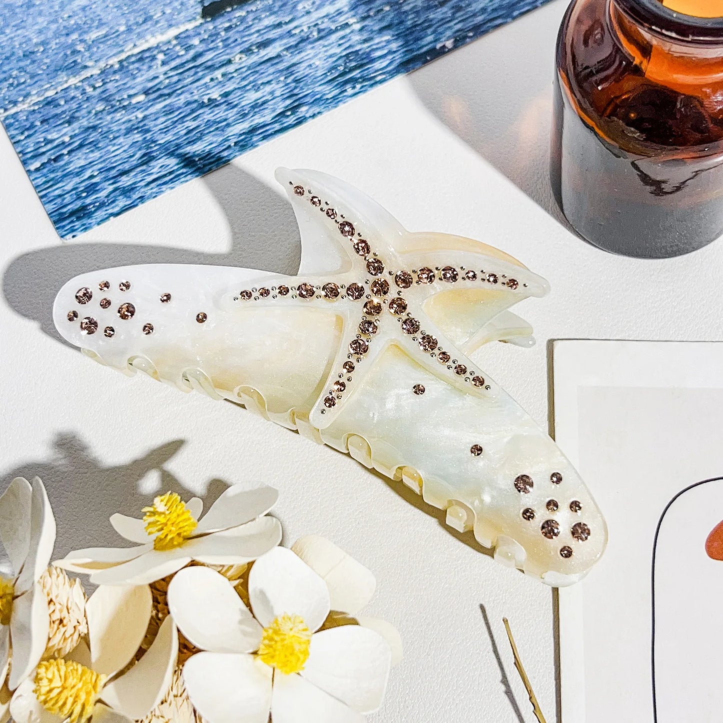 Hawaiian Style Hair Clips Summer Ocean Dopamine Crab Claw Shiny Siamond Starfish Ponytail Clips Sweet Korean Hair Accessories