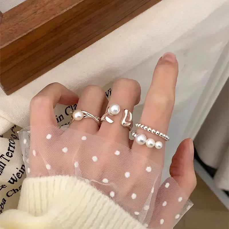 PANJBJ 925 Sterling Silver Pearl Irregular Ring for Women Shell Overlapping Hollow Sweet Design Jewelry Gift Dropshipping
