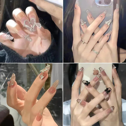 Pink Fake Nails Press on Nail Designs Art Long Tips False Forms with Glue Stick Stickers Reusable Set Acrylic Artificial