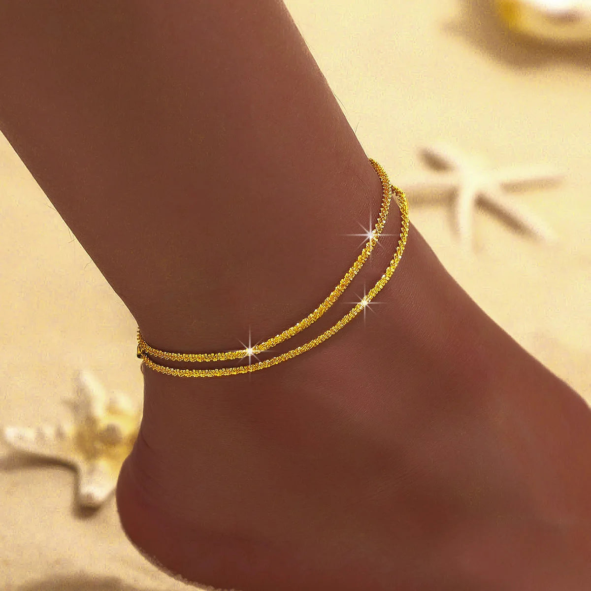 LATS Shiny Sparkling Simple Anklet for Women Gold Silver Color Elegant Jewelry Female Beach Ankle Bracelet on Foot Party Gift