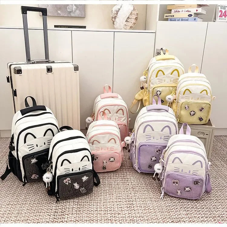 Cat Cartoon Dual-Shoulder Backpack for Girls Primary And Middle School Students Nylon Material Bookbag Easy to Carry