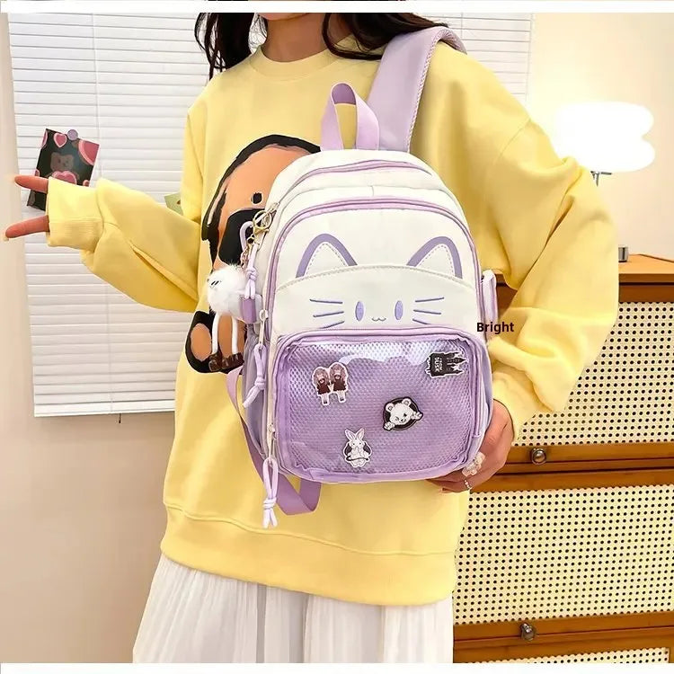 Cat Cartoon Dual-Shoulder Backpack for Girls Primary And Middle School Students Nylon Material Bookbag Easy to Carry